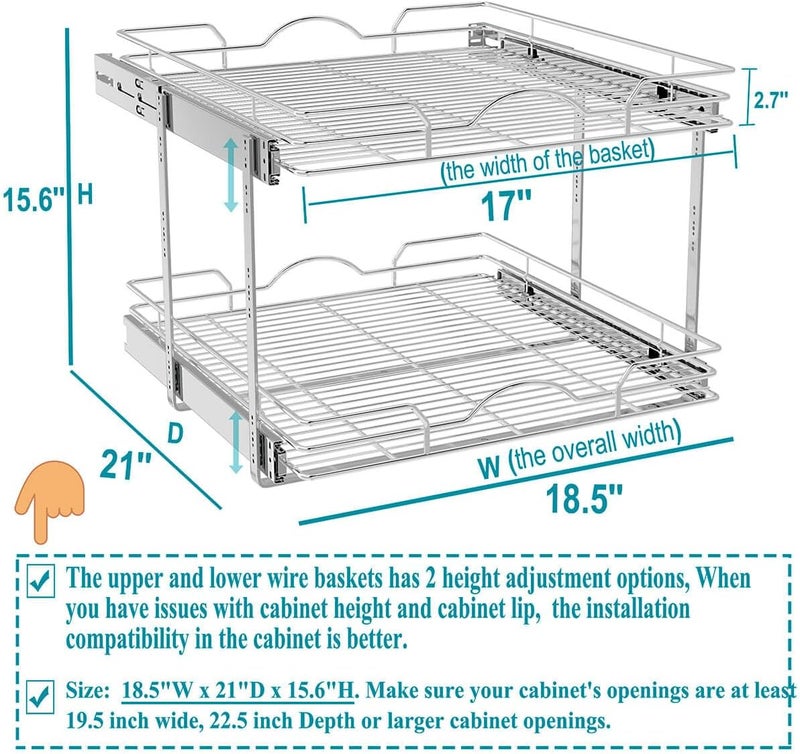 OCG 2 Tier Pull Out Cabinet Organizer (18.5" W x 21" D), Pull Out Drawers for Kitchen Cabinets, Pull Out Shelves for Base Cabinet Organization in Kitchen Bathroom Pantry, Chrome Finish - Image 2